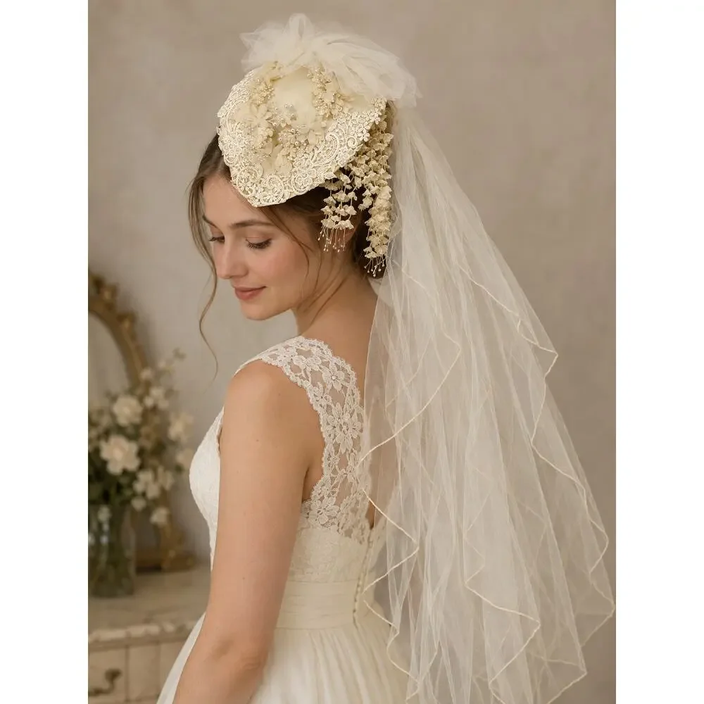 Vintage Bridal Veil Headpiece Lace Floral Pearl Juliet Cap Wedding Ivory